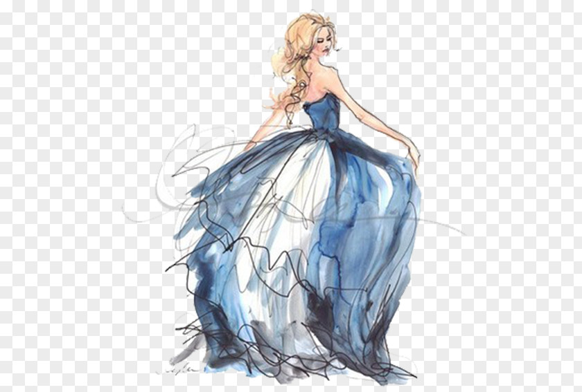 Hand-painted Blue Dress Drawing Fashion Illustration Costume Sketch PNG