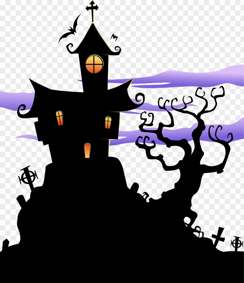 Black Horror Castle Pattern Halloween T-shirt Haunted Attraction Party PNG