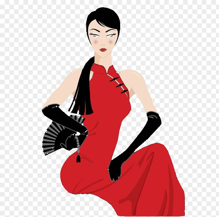 Cartoon Cheongsam Woman Illustration PNG