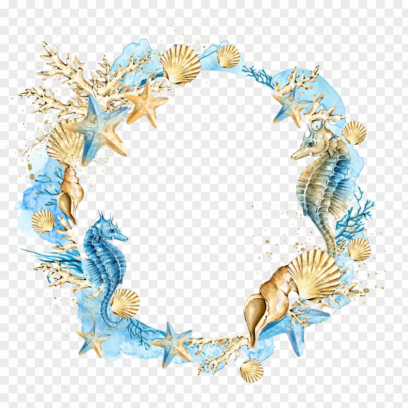 Shells Starfish Wreath Wedding Invitation Watercolor Painting Seashell Clip Art PNG