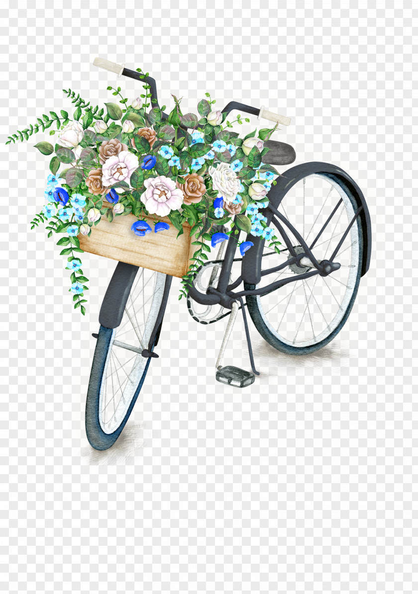 HD Literary Retro Flower Filled Bike Bicycle Watercolor Painting Stock Photography Illustration PNG