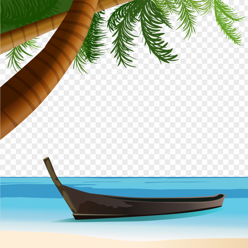 Vector Palm Beach Boat Coconut Tree PNG