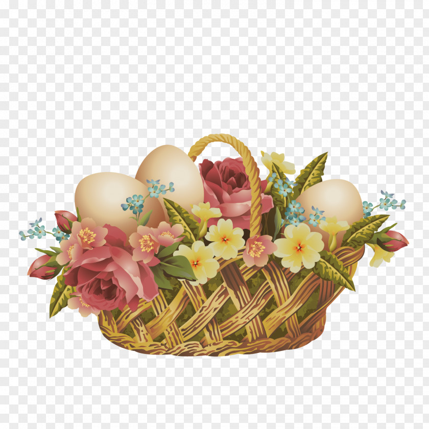 Vector Hand-painted Easter Decorative Flower Basket Bunny Clip Art PNG