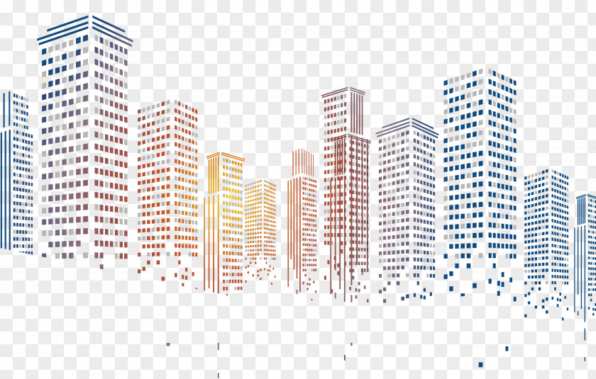 Geometric Squares Particles Pixelated City Building PNG