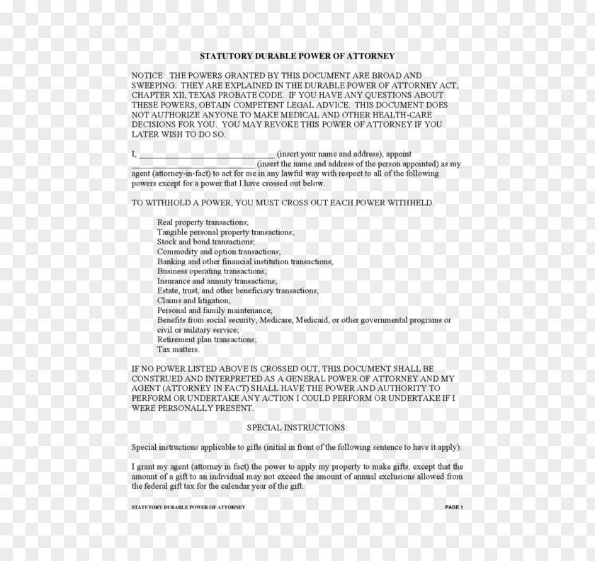 Power Of Attorney Texas Document Form Healthcare Proxy PNG