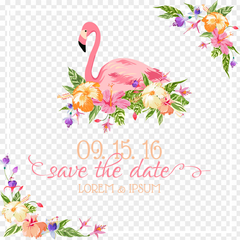 Hand-painted Colorful Flowers Flamingo Wedding Invitation Euclidean Vector Illustration PNG