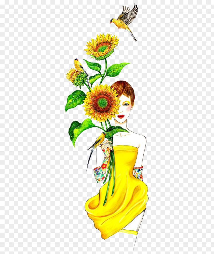 Fashion Illustration Common Sunflower Drawing PNG illustration sunflower Illustration, Girl, brown haired female clipart PNG