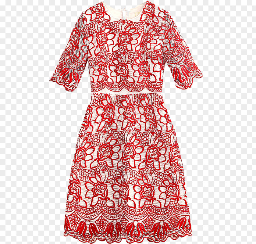 Printed Red Lace Dress Fashion PNG