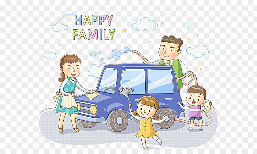 Family Car Wash Together Cartoon Illustration PNG