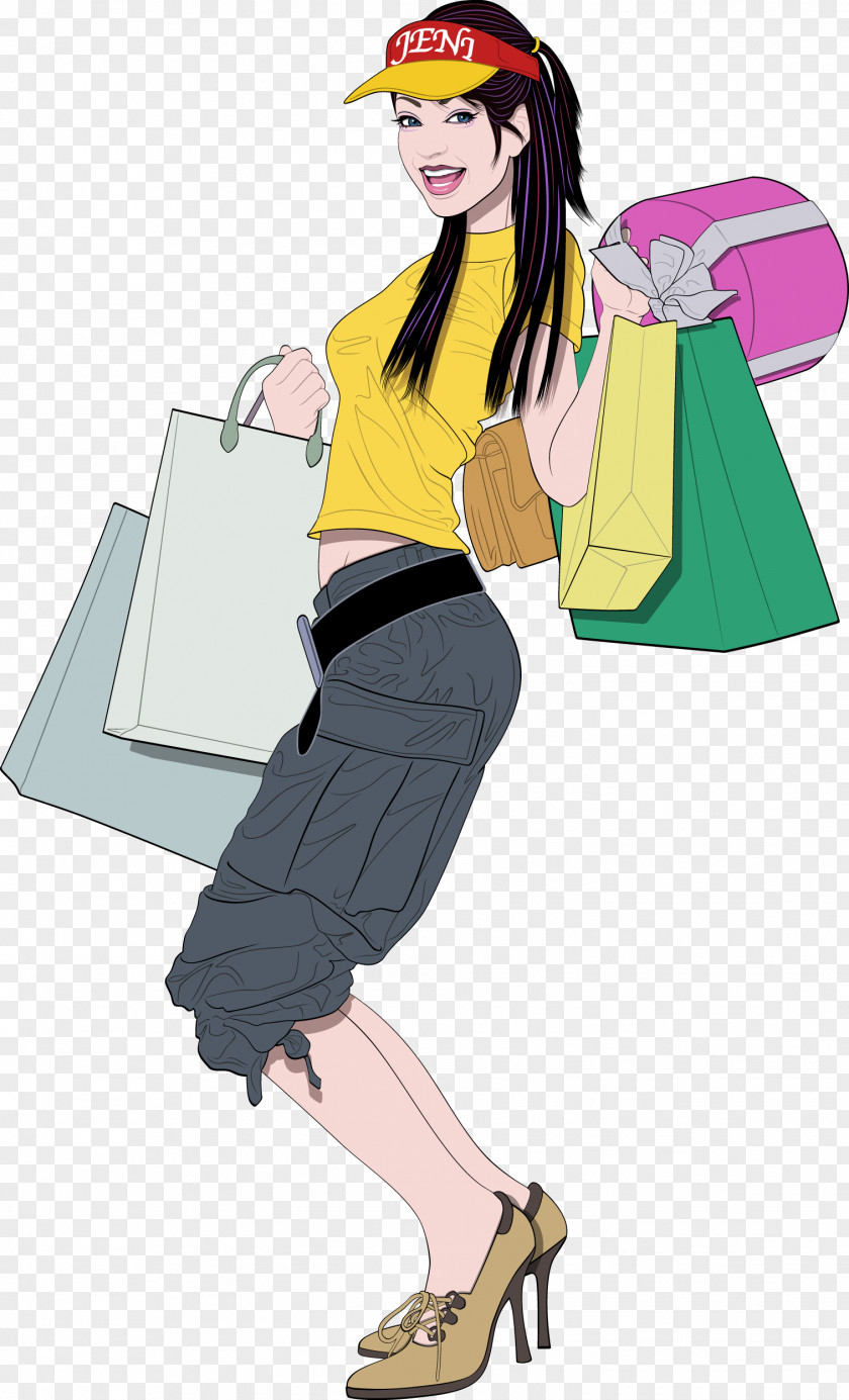 A Crazy Shopping Woman Cartoon Illustration PNG