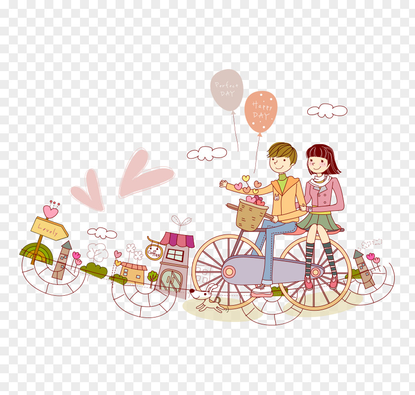Couple On Bike Cycling Bicycle Significant Other Cartoon Illustration PNG