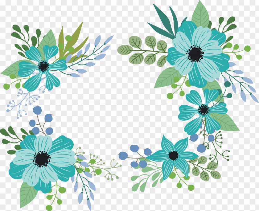 Romantic Green Flowers Title Box Floral Design Blue Flower PNG