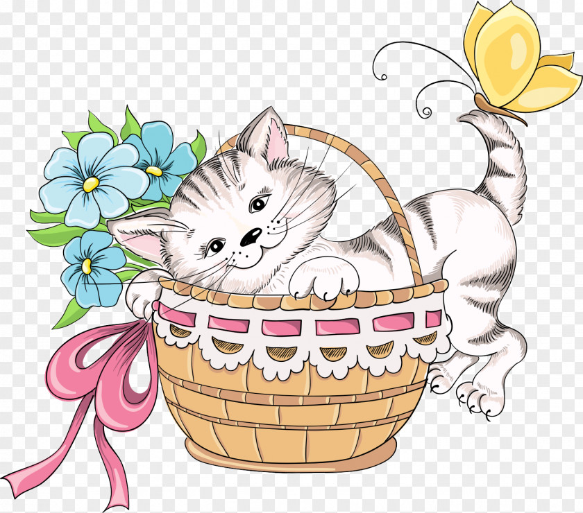 Cartoon Cat Drawing Basket Flower Clip Art PNG