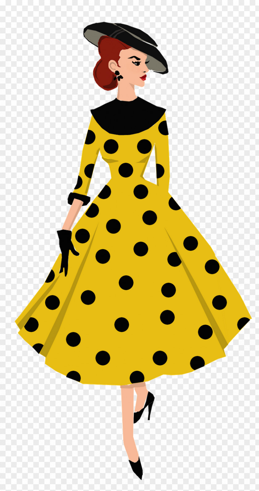 Model Polka Dot 1950s Fashion Illustration Drawing PNG