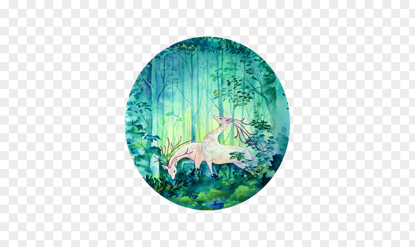 Watercolor Deer Forest Painting PNG