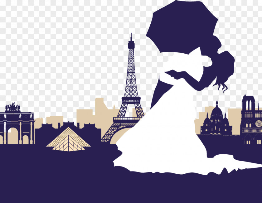 The Bride And Groom In Front Of Eiffel Tower Flat Wedding Invitation Illustration PNG