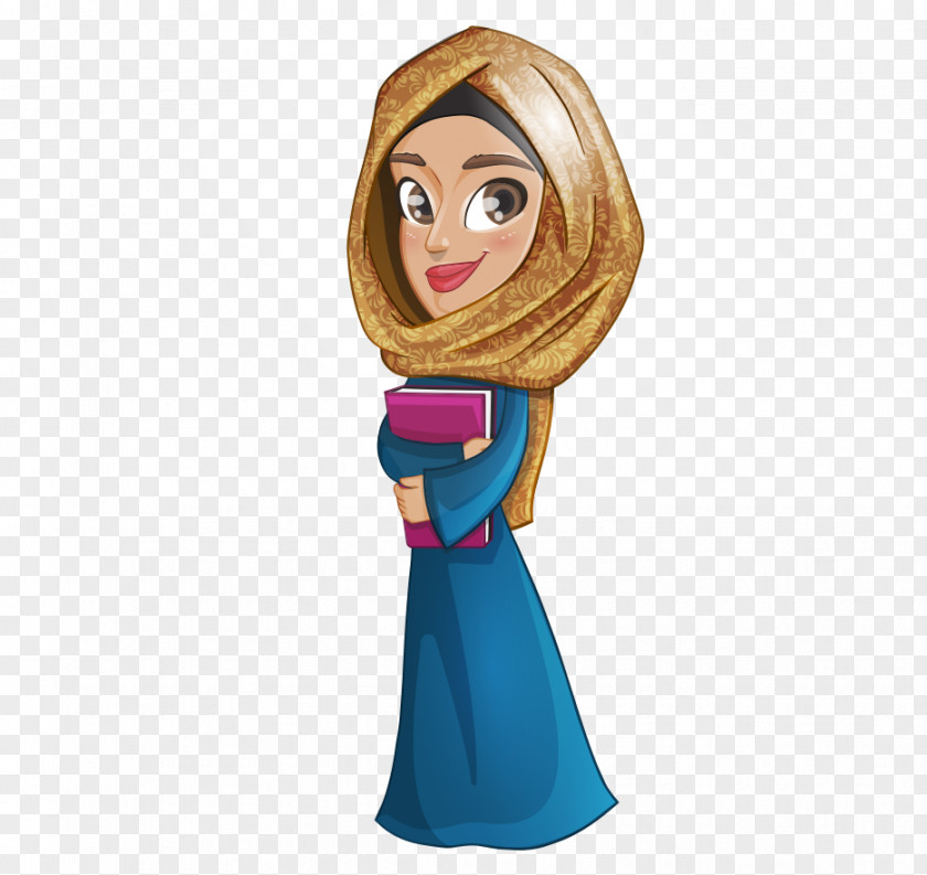 Muslim Girl Islam PNG , Cartoon painted Arab woman hold book, wearing blue dress and beige hijab illustration clipart PNG