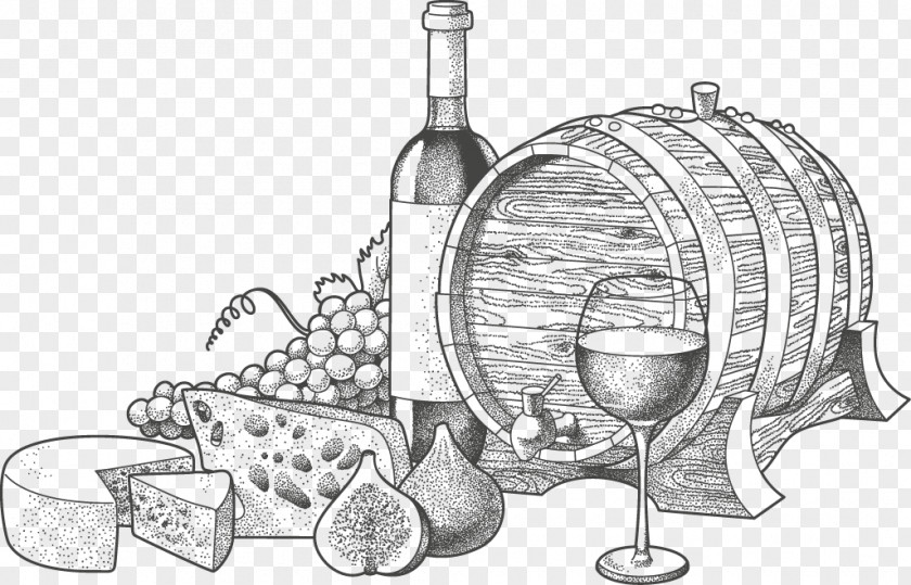 Hand-painted Wine And Cheese Blue Illustration PNG