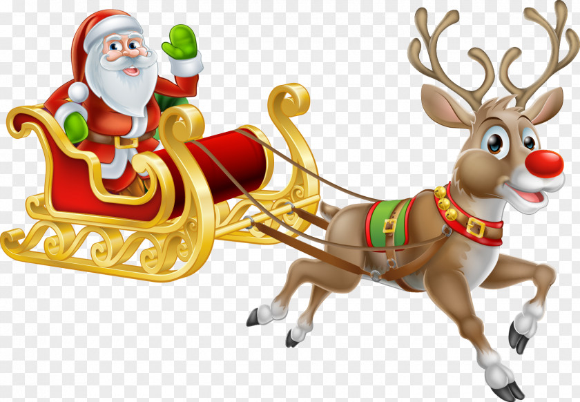 Santa And Elk Sleigh Rudolph Claus Reindeer Christmas PNG