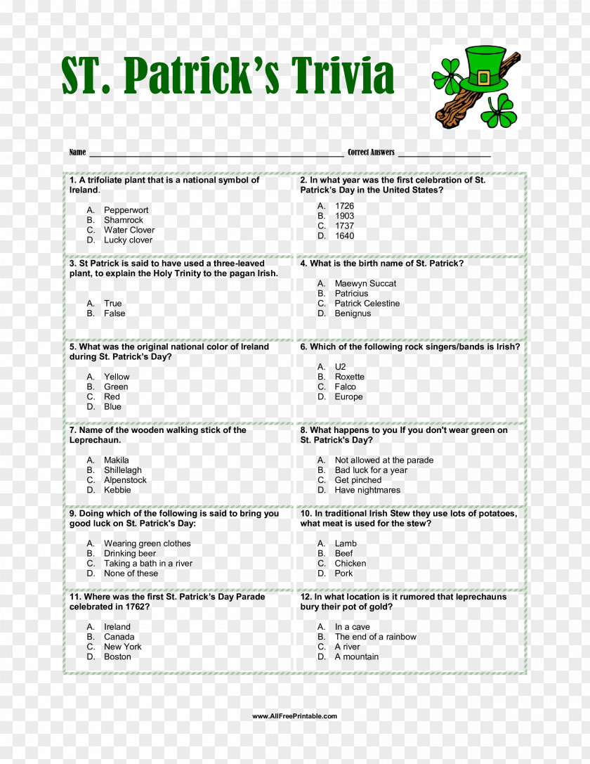 Saint Patrick's Day Trivia For Seniors Quiz Game PNG