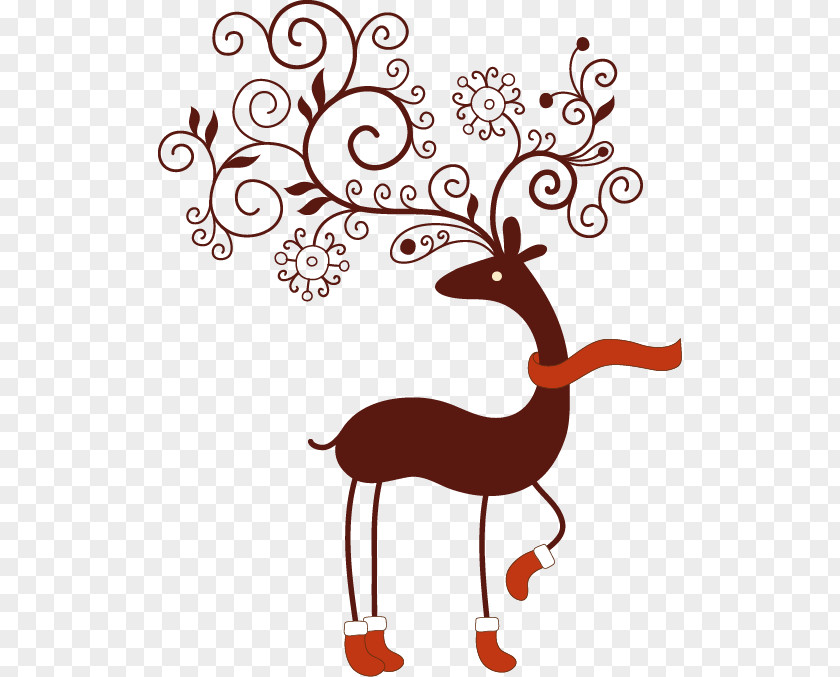 Hand-painted Flower Vine Pattern Deer Santa Claus Reindeer Christmas Card Greeting PNG