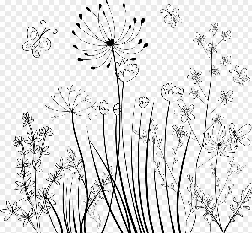 Hand Painted Plants Flower Black And White Ornament PNG