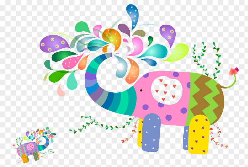 Colored Elephant And Baby Cartoon Pattern PNG