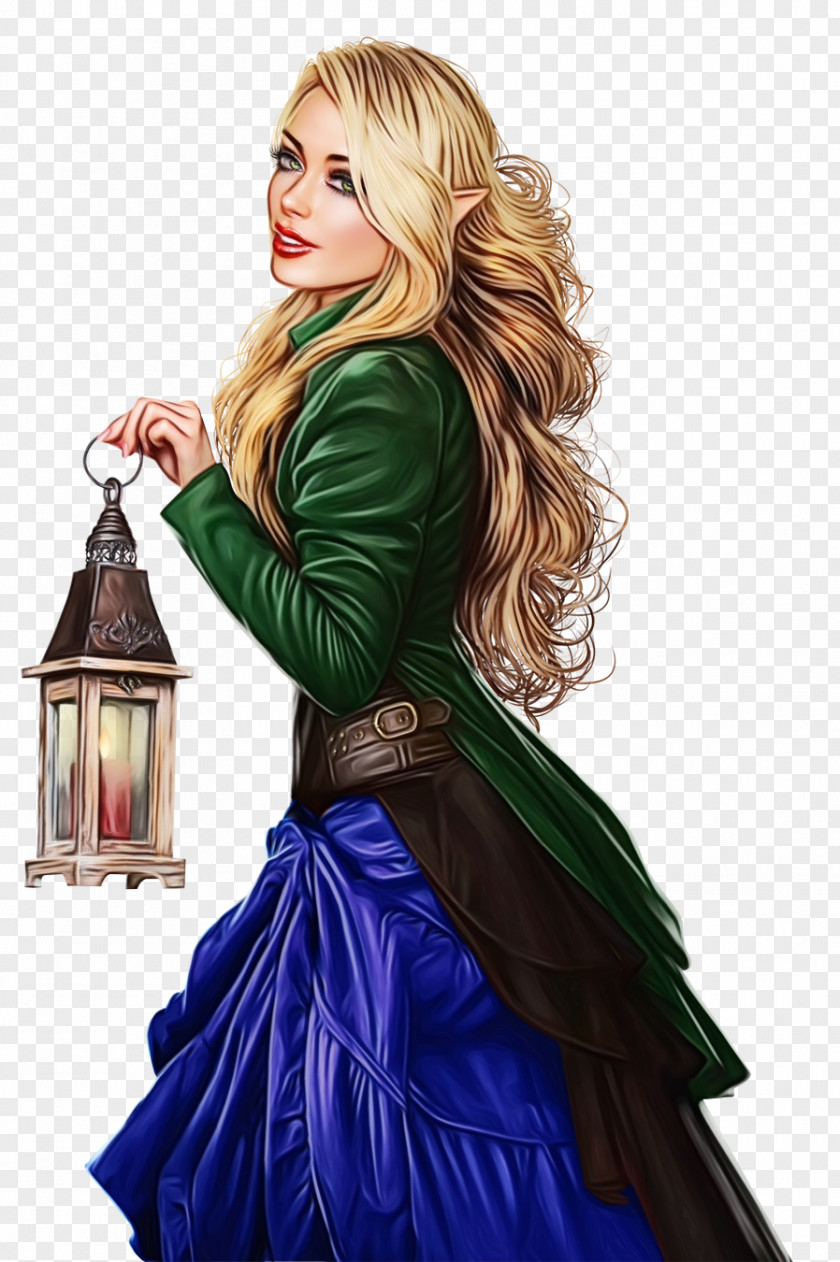 Green Costume Design Long Hair Dress PNG