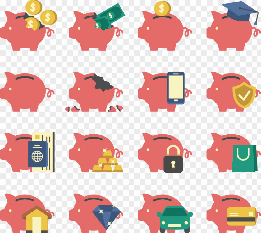 Vector Hand-painted Piggy Bank Saving Money Icon PNG