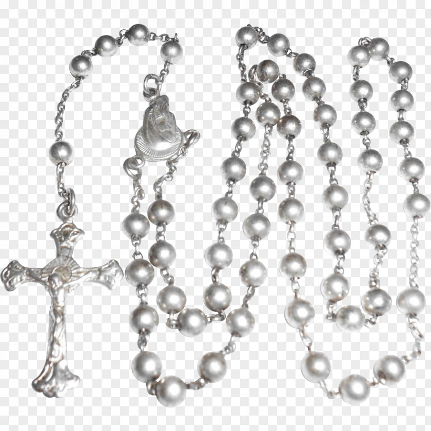 Silver Pearl Rosary Christianity Sterling Bead PNG