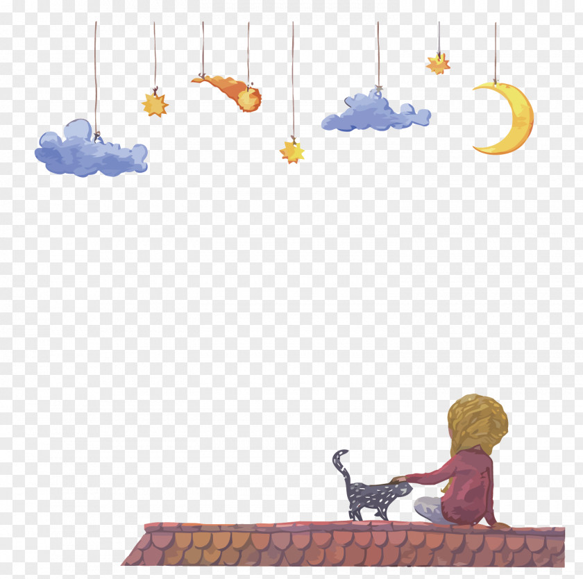 Vector The Roof Of Night Watching Child Cartoon Cloud PNG