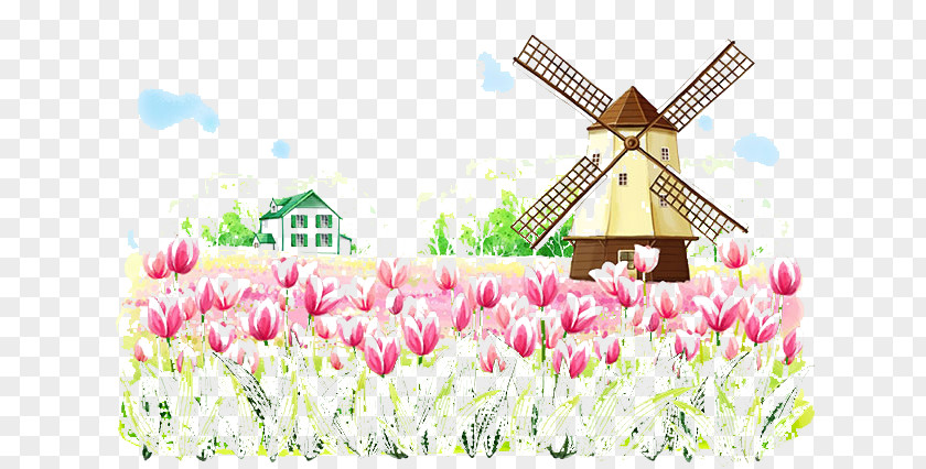 Tulip Hanada Picture Material Paper Windmill Landscape Wallpaper PNG