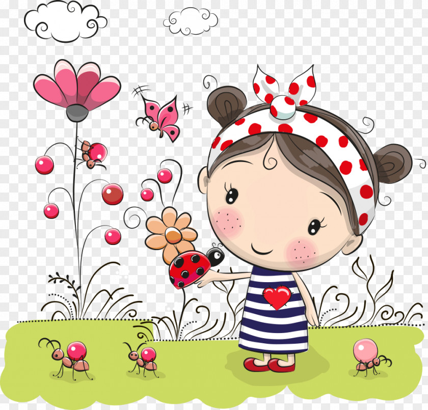 Flowers Little Girl PNG little girl, girl and ladybug on hand clipart PNG
