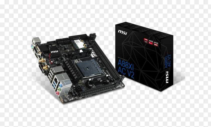 MotherboardMini ITXSocket FM2+AMD A88XSocket FM2+ MSI A88XI AC Motherboard AMD A88X DRR3 USB 3.0 Gigabit LAN VGA DVI HDMI Mini-ITXComputer V2 PNG