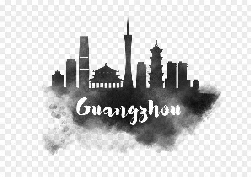 Chinese City Of Guangzhou Ink Figure Skyline Watercolor Painting Silhouette PNG