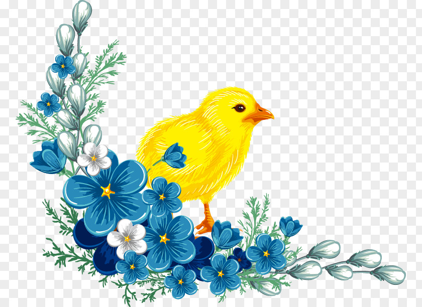 Yellow Chick Blue Hand-painted Flowers Flower Clip Art PNG