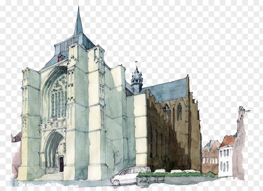 Continental Church Watercolor Painting Architecture Croquis Illustration PNG