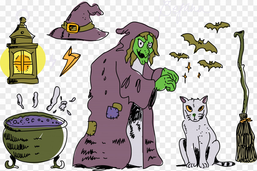 Horror Witch Kitten Cat Illustration PNG