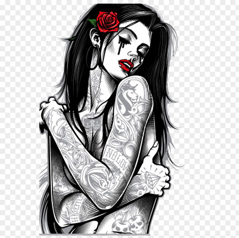 Gothic Style Hand-painted Woman T-shirt Chicano Art Movement Tattoo PNG