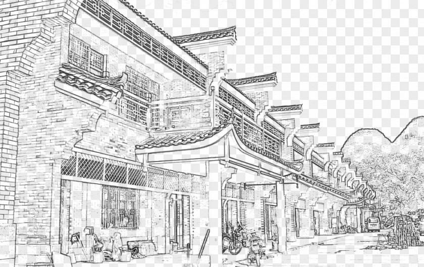 Ancient Town Play Sketch Landscape Black And White Drawing PNG