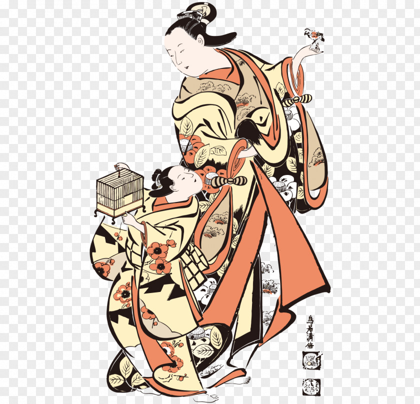Cartoon Hand-painted Vector To Play The Japanese Mother And Child Japan Ukiyo-e Bijin-ga PNG