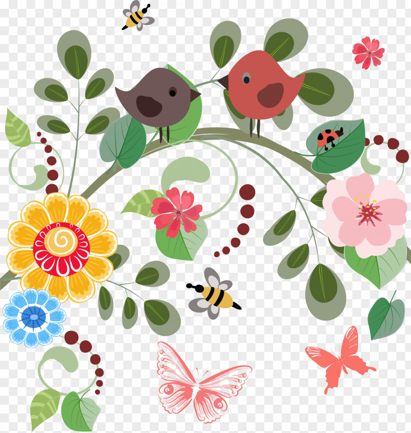 Colorful Cartoon Flowers And Birds Floral Design Drawing PNG