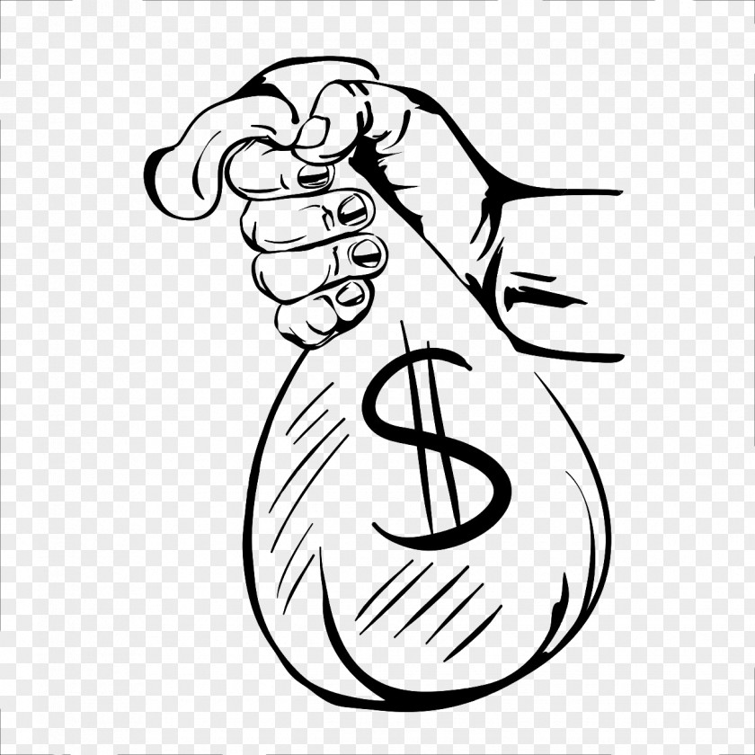 Black And White Hands Holding Money Bag Clip Art PNG