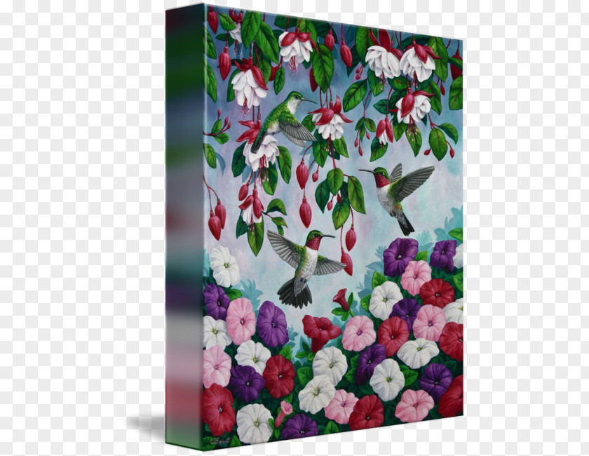 Flower Forest Floral Design Canvas Print Hummingbird Painting PNG