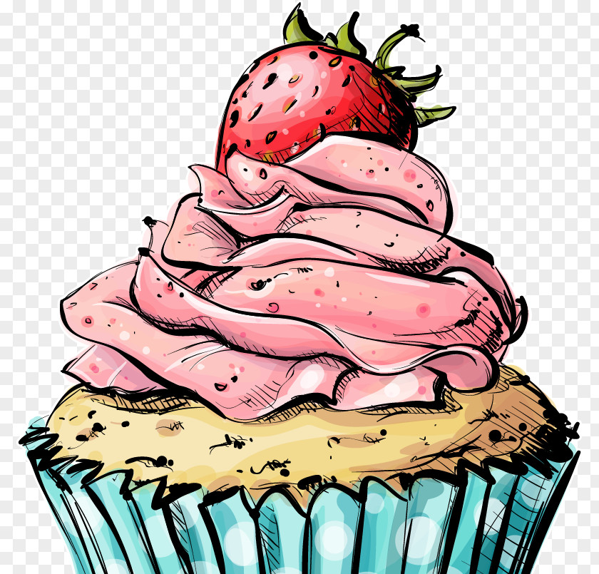 Hand-painted Cartoon Vector Strawberry Ice Cream Cupcake Birthday Cake Bakery Muffin PNG