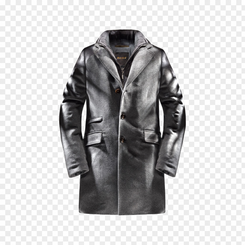 Gray Projection Lamp Leather Jacket Overcoat Water Resistant Mark Down Feather Snap Fastener PNG