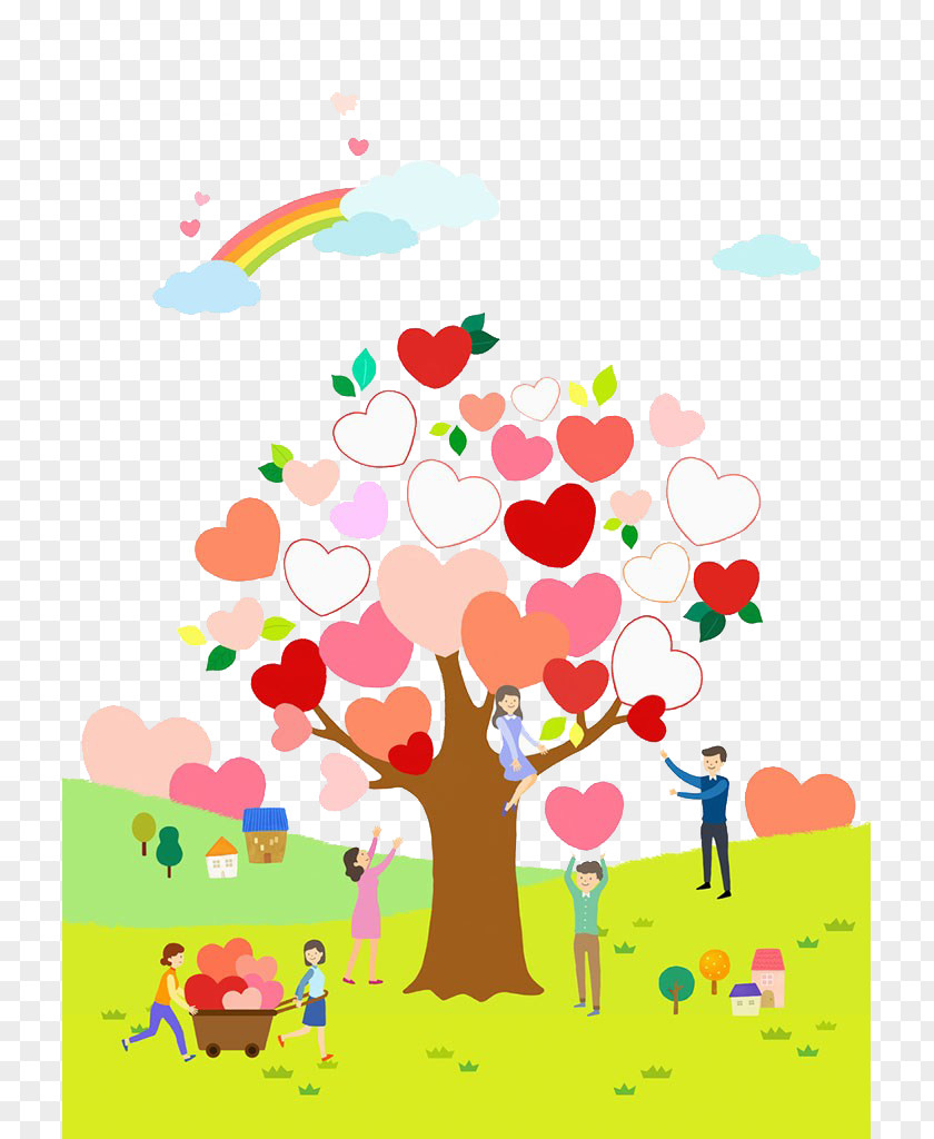 Trees And Hearts Illustration PNG