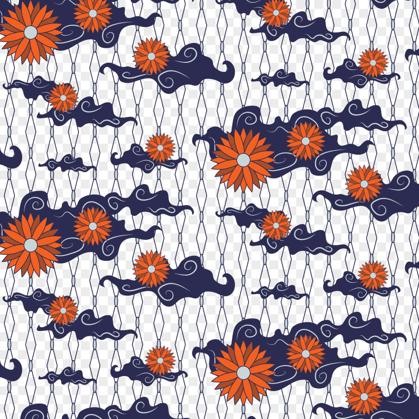 Vector Batik Pattern With Flowers And Clouds Blue White Pottery PNG