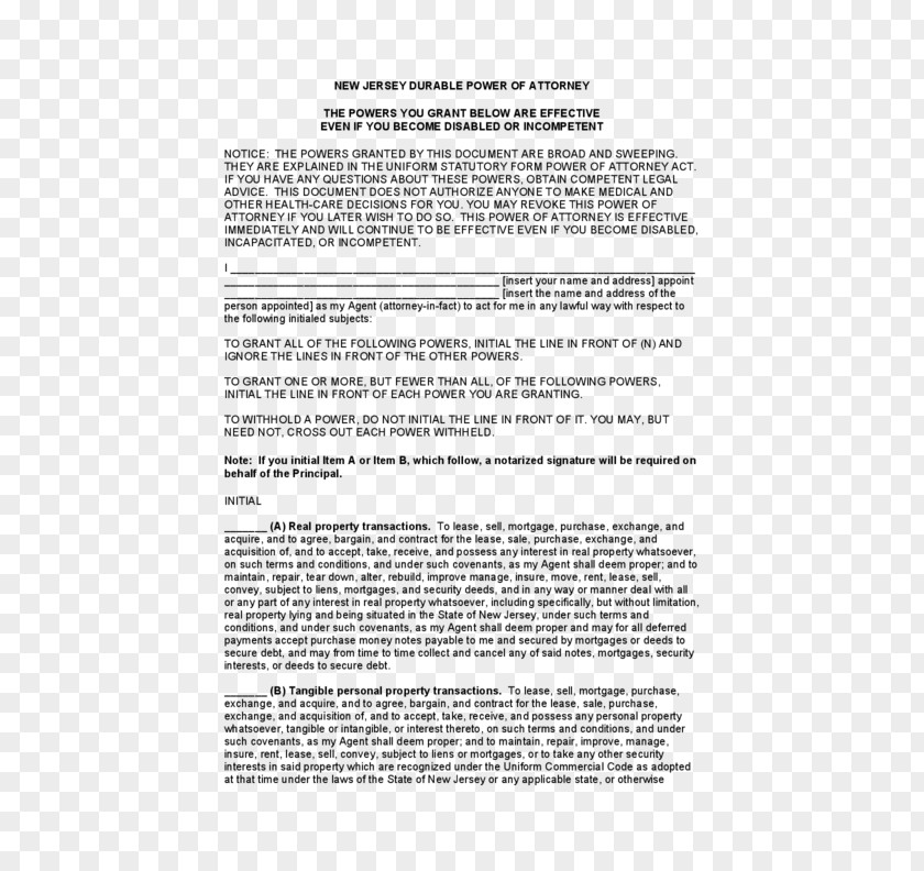 Power Of Attorney Form New Jersey Florida Document PNG