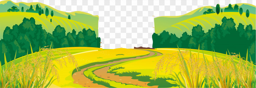 Cartoon Countryside Rice Paddy Forest Background Windmill Farm Landscape PNG
